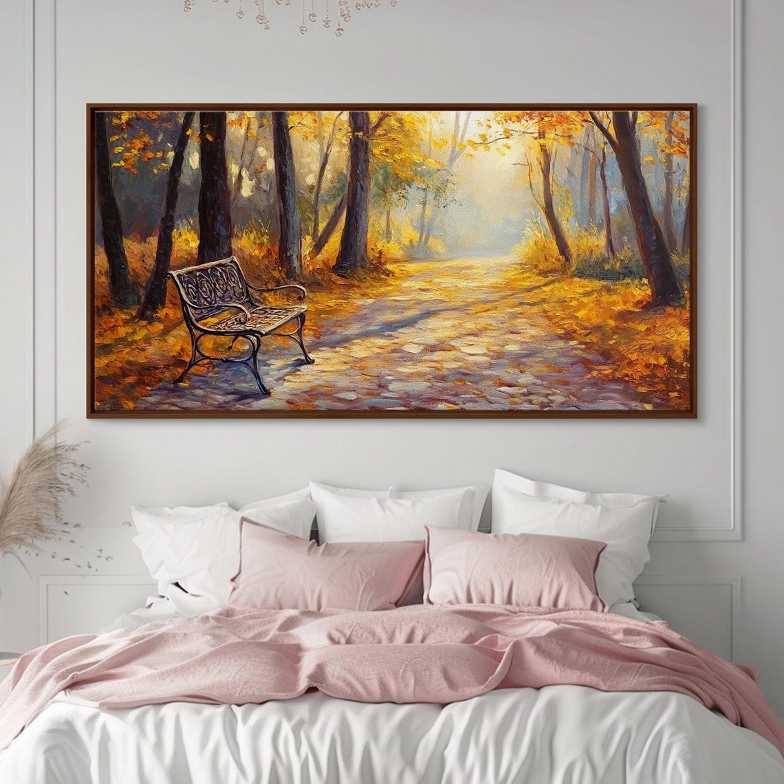 Golden Autumn Park Path Iron Bench Sunlight Fall Painting Print - Image 3