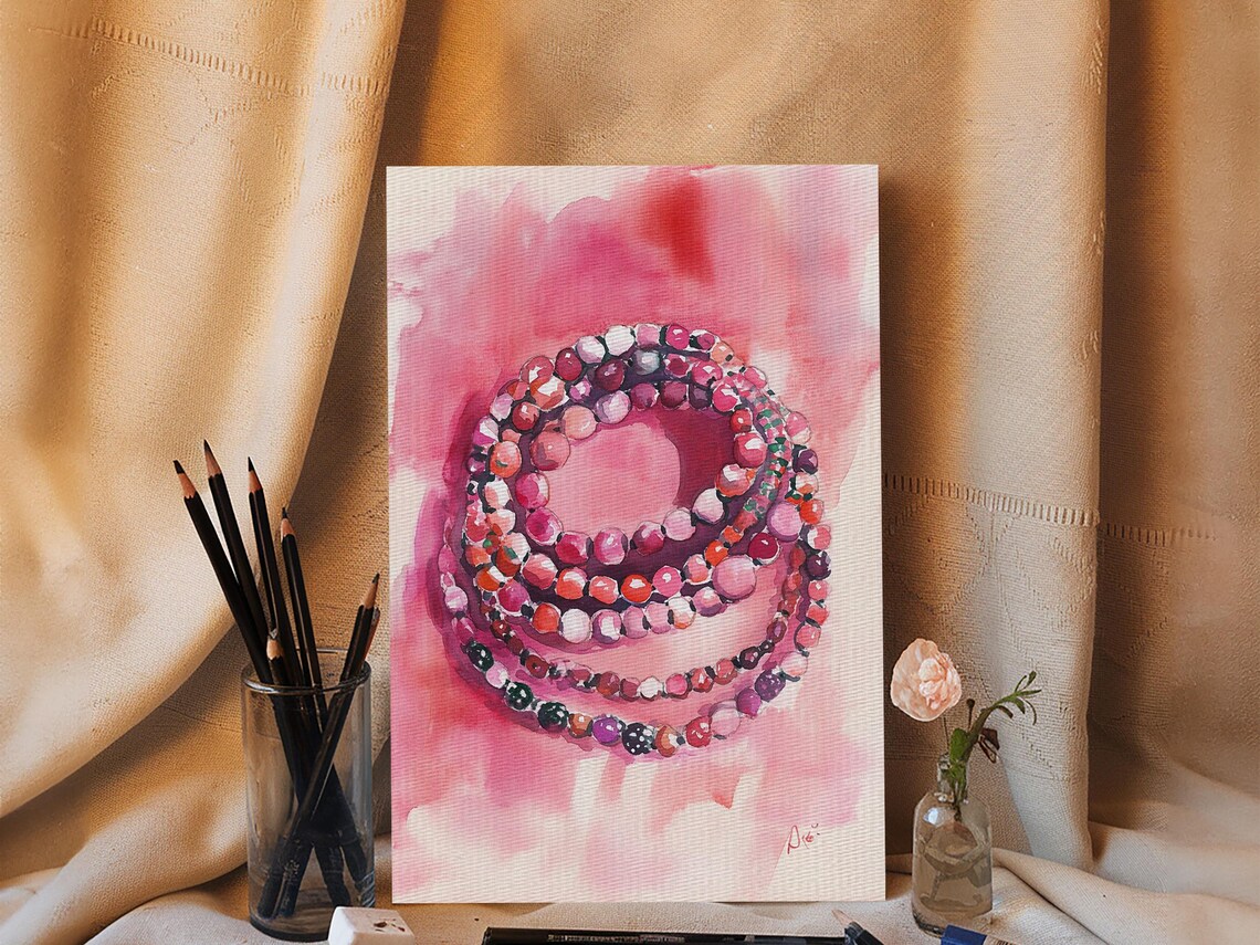 Coiled Pink Gemstone Bead Bracelets Watercolor Jewelry Wall Art Print - Image 2