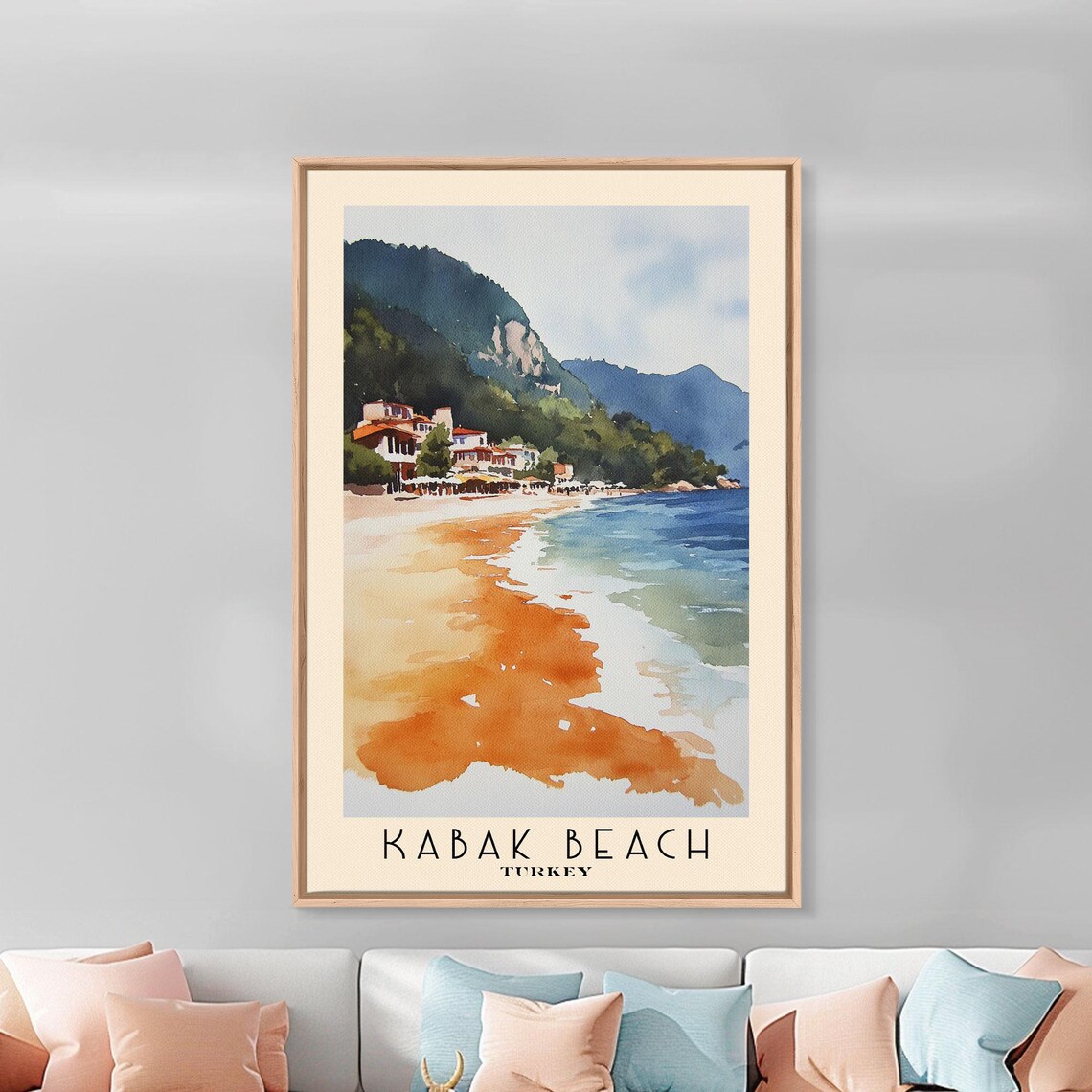 Kabak Beach Turkey Golden Sand Beach Cliff Town Blue Sea Watercolor Poster - Image 3