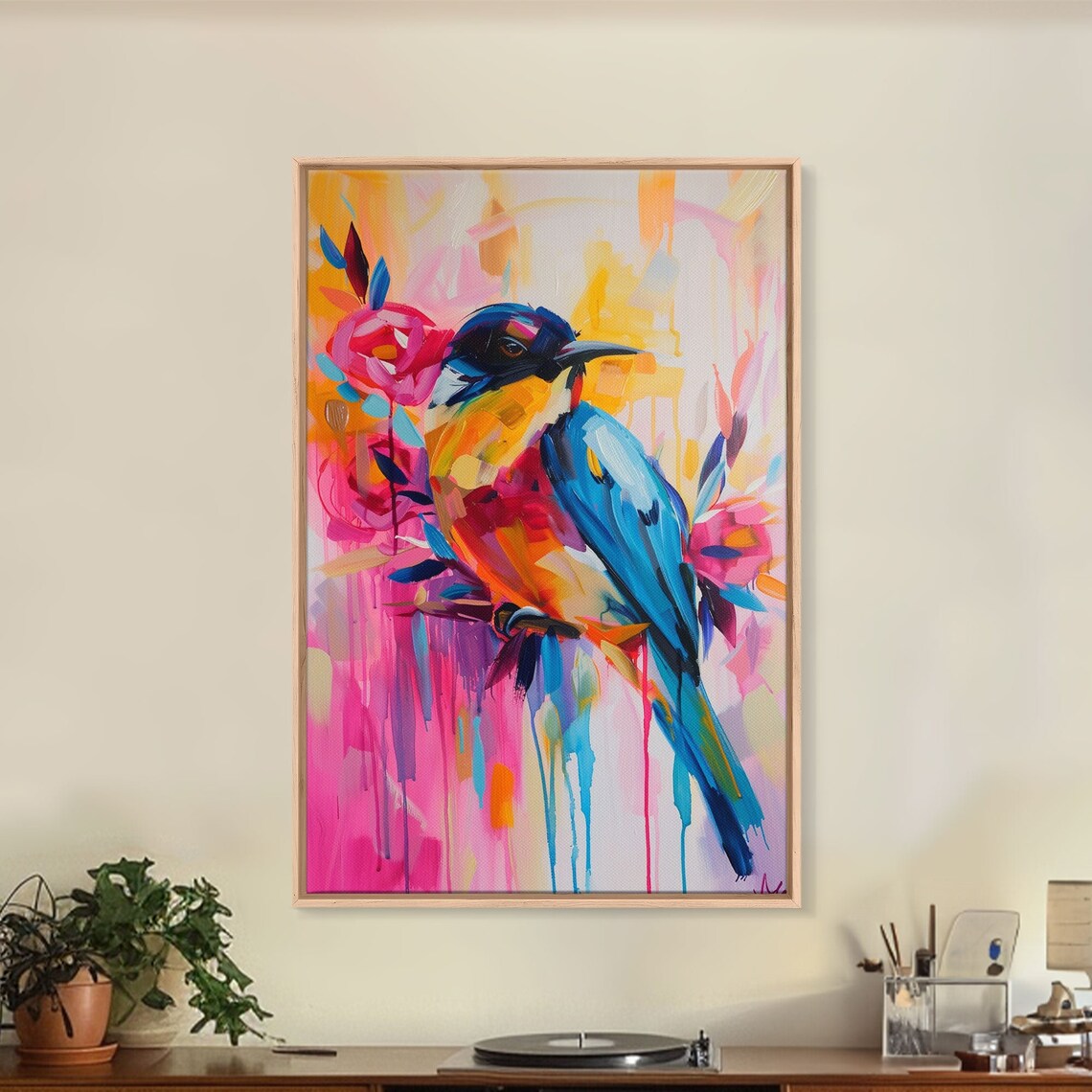 Colorful Bird And Flowers Pop Art In Pink Blue And Yellow Poster - Image 5