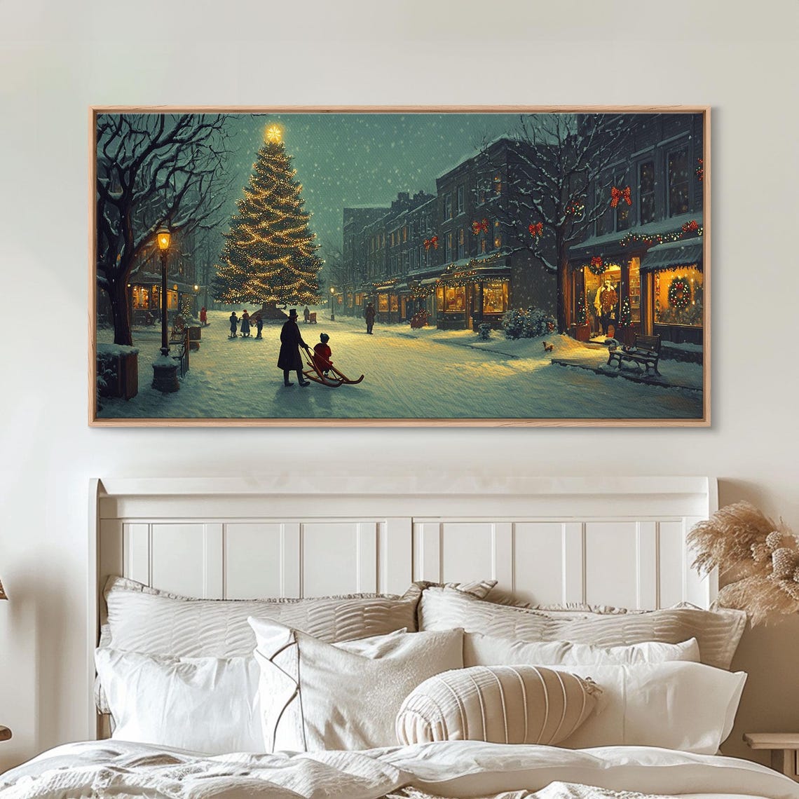Snowy Christmas Village Square Lit Tree Sled Vintage Winter Print