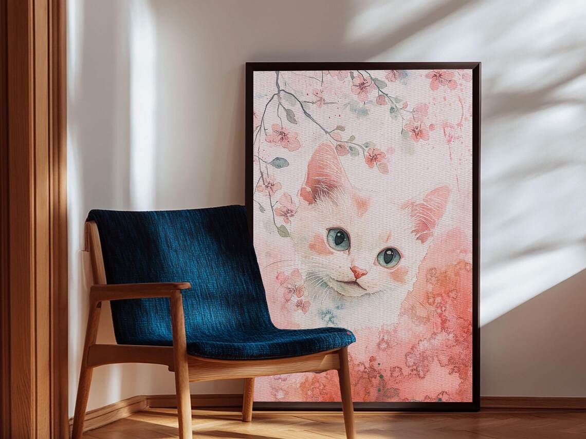 White Kitten Cherry Blossom Watercolor Cute Cat Nursery Art Poster - Image 2
