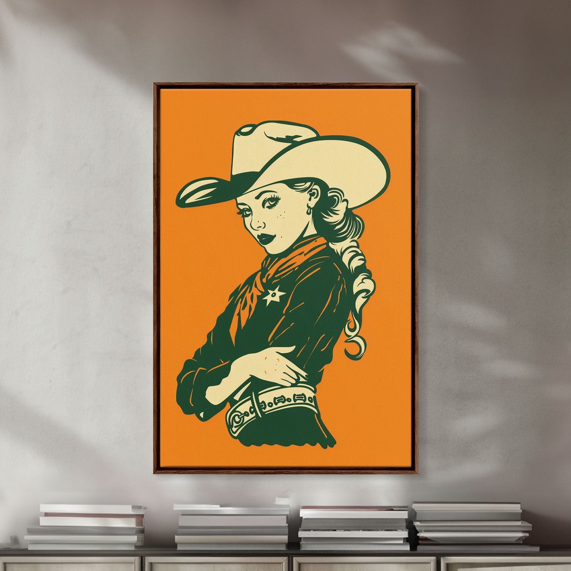 Elegant Retro Cowgirl With Hat Illustration Framed Print Vintage Western Art Stylish Cowgirl Wall Art For Living Room