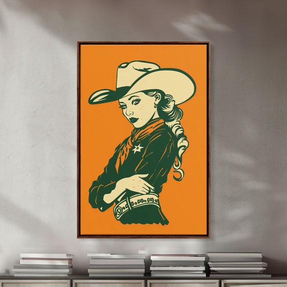 Elegant Retro Cowgirl With Hat Illustration Framed Print Vintage Western Art Stylish Cowgirl Wall Art For Living Room