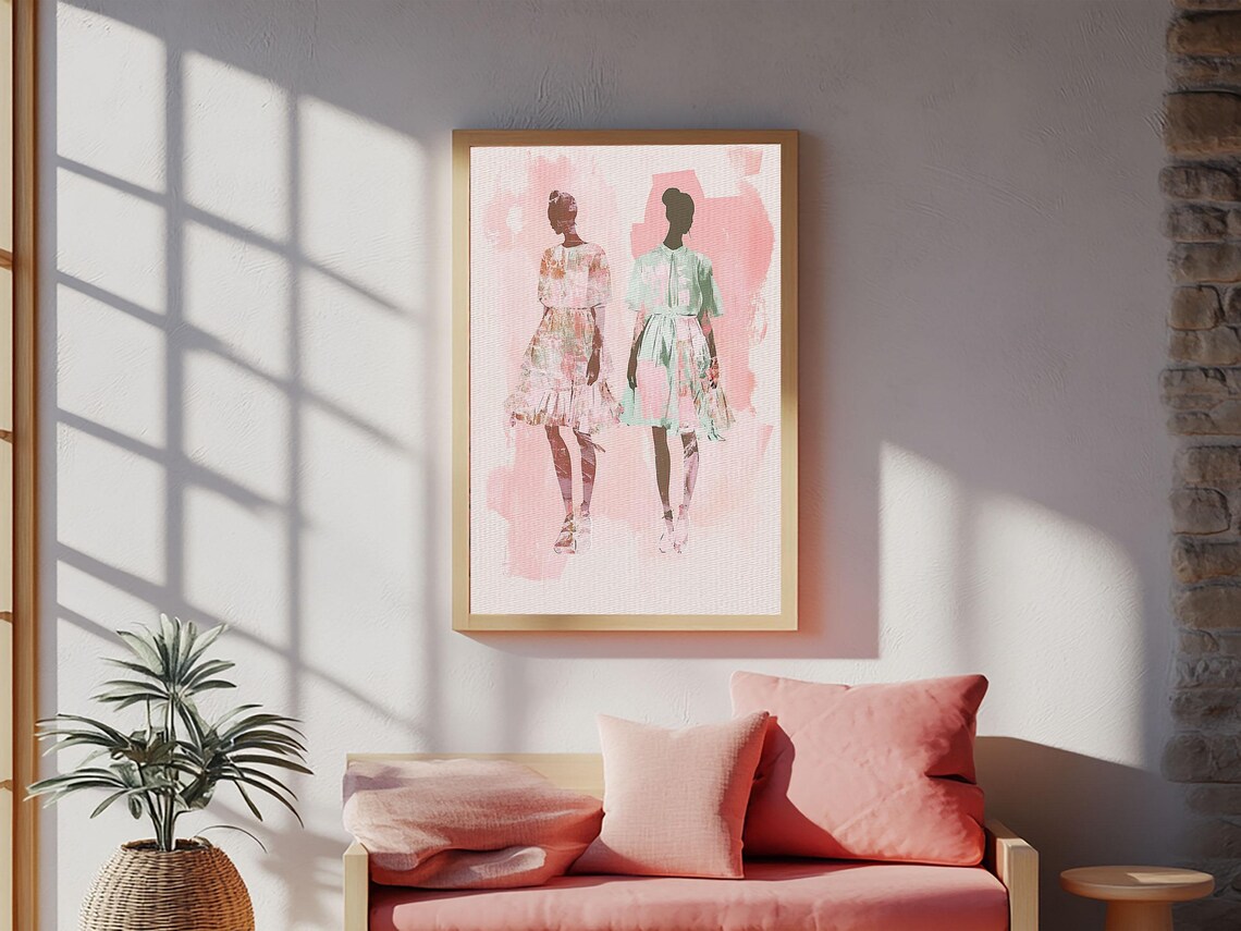 Fashion Silhouettes Two Women Pink Dresses Chic Style Art Poster
