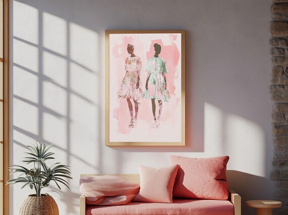 Fashion Silhouettes Two Women Pink Dresses Chic Style Art Poster