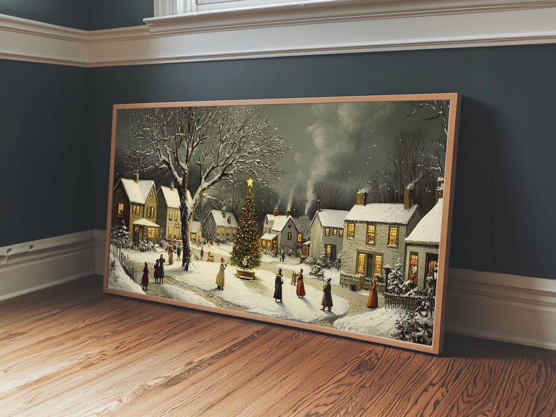 Bustling Christmas Street Scene Oil Painting Print Holiday Night Festive Victorian Christmas Village Oil Painting Christmas Decor - Image 4