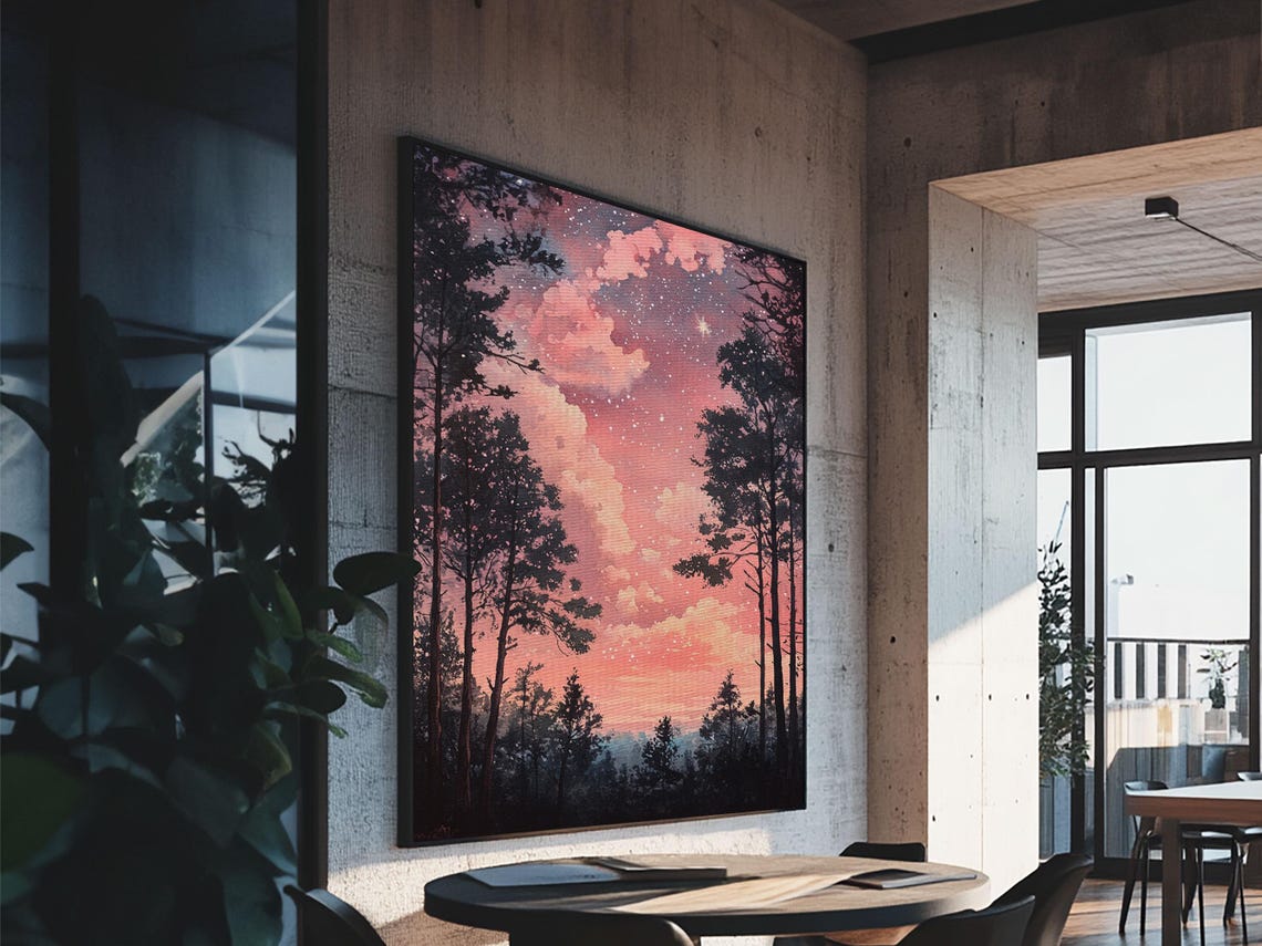Starry Pink Dusk Sky Pine Forest Silhouette Night Wall Art Poster - Image 4
