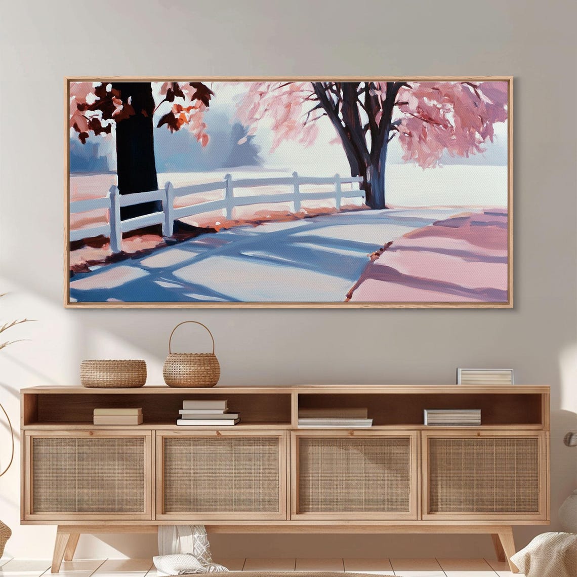 Snowy Farm Lane White Fence Pink Blossom Trees Winter Path Poster - Image 5