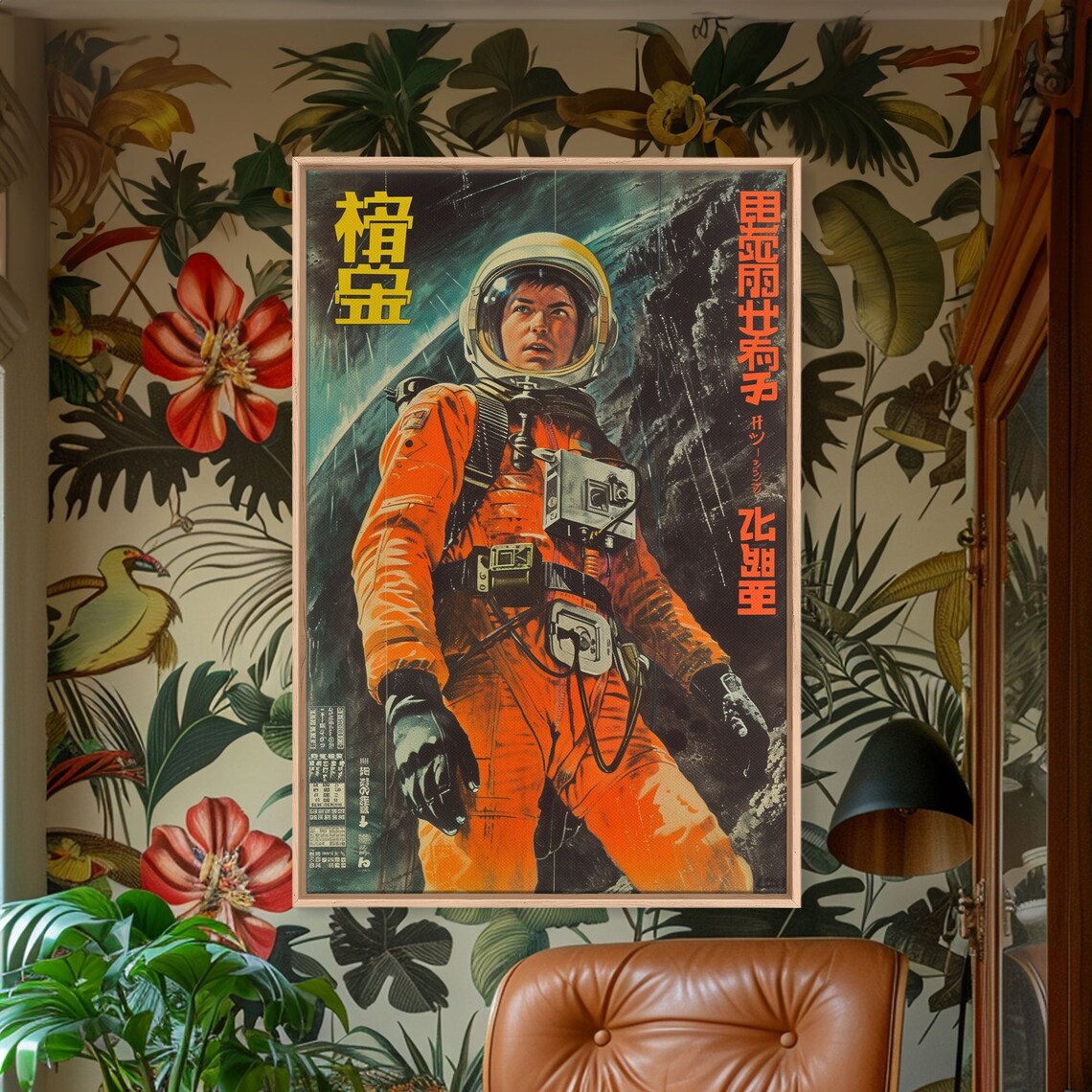 Japanese Astronaut Movie Poster Orange Spacesuit Walking on Moon Art - Image 2