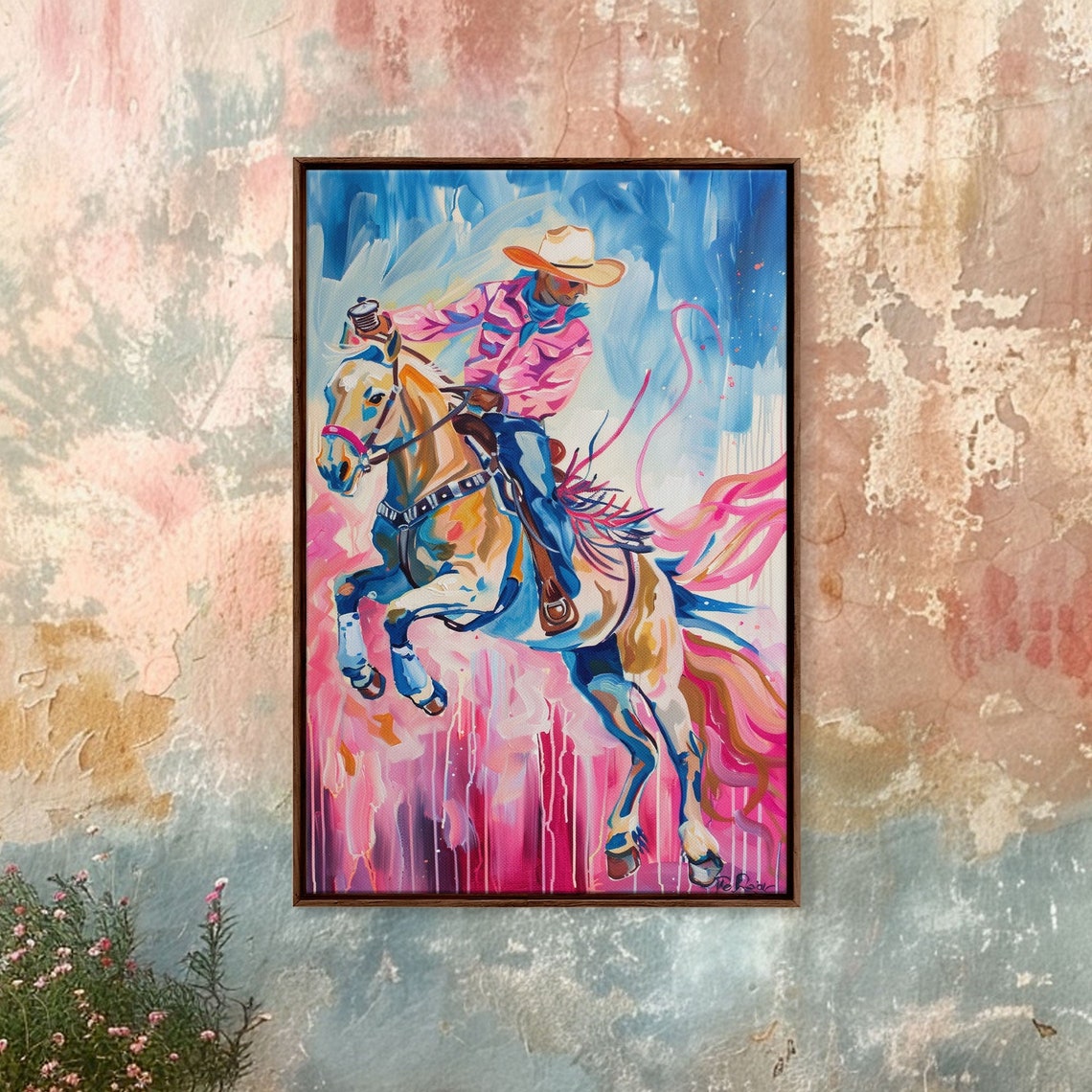 Dynamic Cowboy Lasso Bucking Horse Colorful Pop Art Western Poster