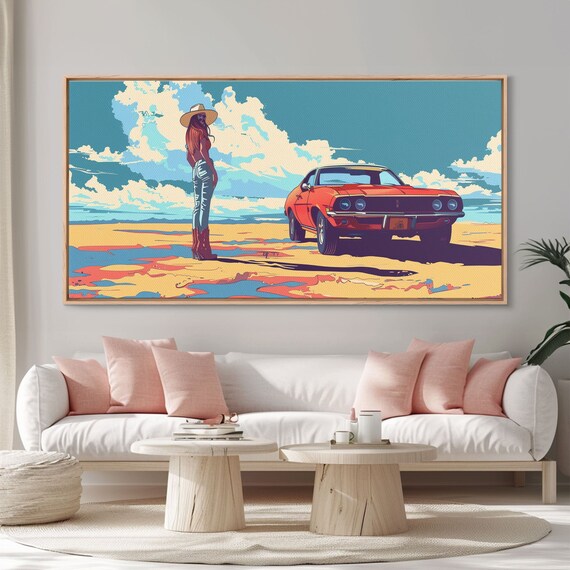 Stylized Cowgirl With Red Car In Vast Desert Framed Print For Bedroom Ideal Living Room Art Retro Wall Decor