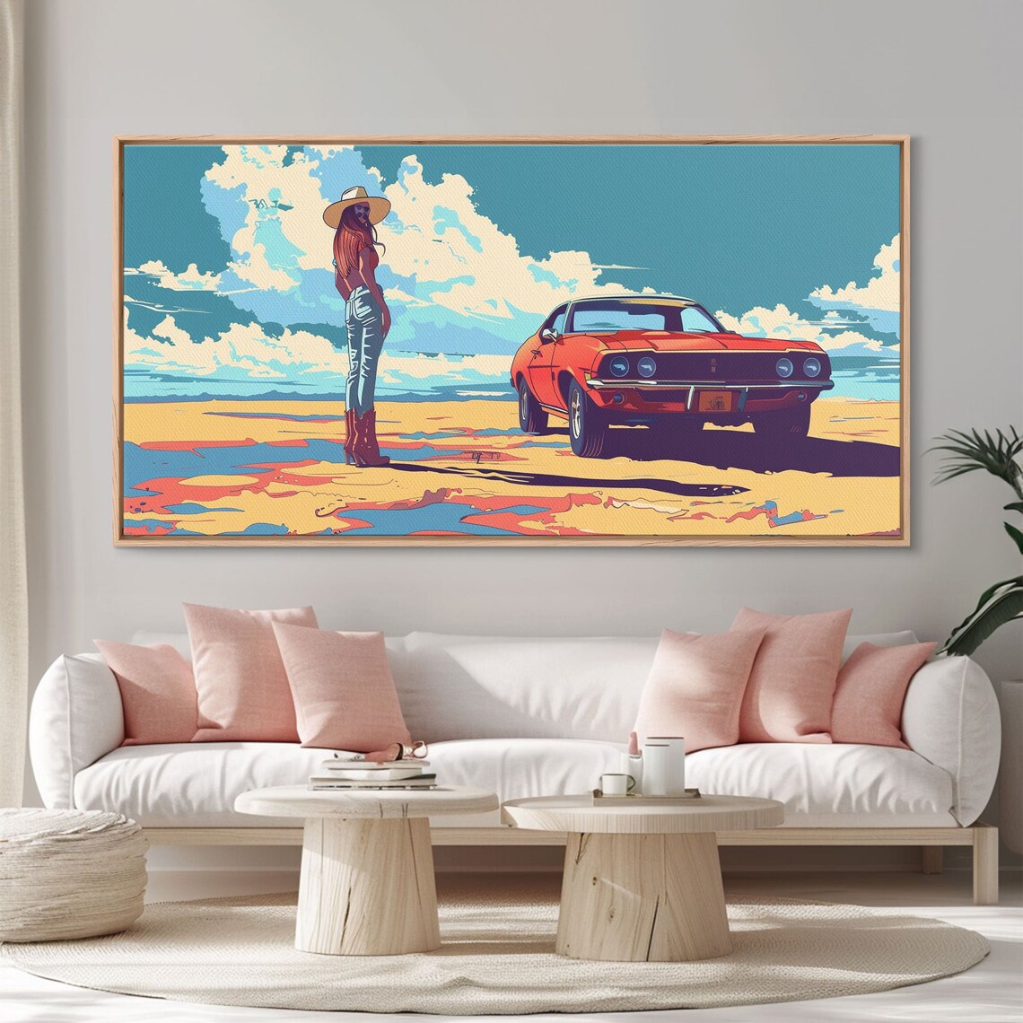 Vibrant Pop Art Cowgirl With Red Classic Car Under Desert Sky Poster
