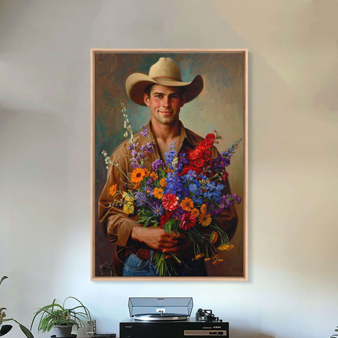 Handsome Cowboy Holding Wildflower Bouquet Western Art Poster - Image 3