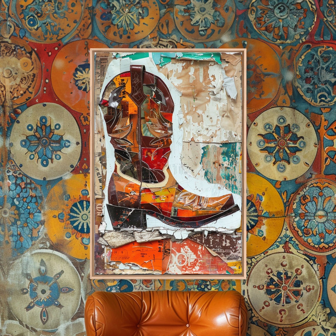Vintage Western Boot Collage Art On Distressed Background Poster - Image 2