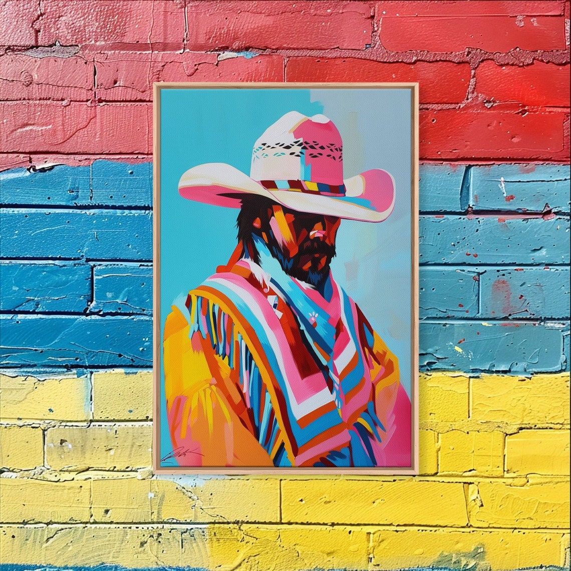 Vibrant Pop Art Cowboy Portrait In Neon Pink And Blue Wall Poster - Image 2