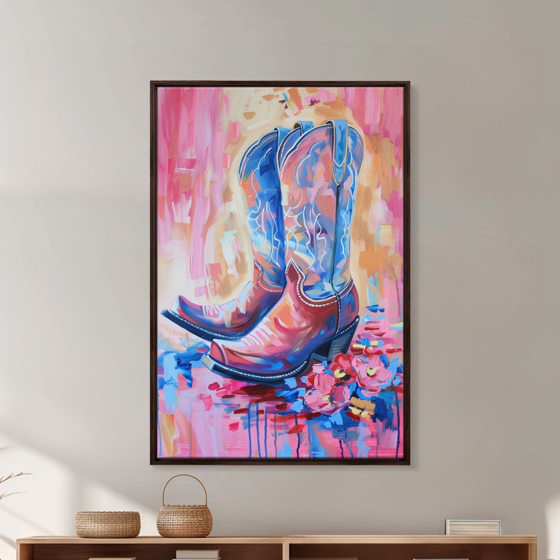 Pink Cowboy Boots Watercolor Floral Western Boho Style Wall Art