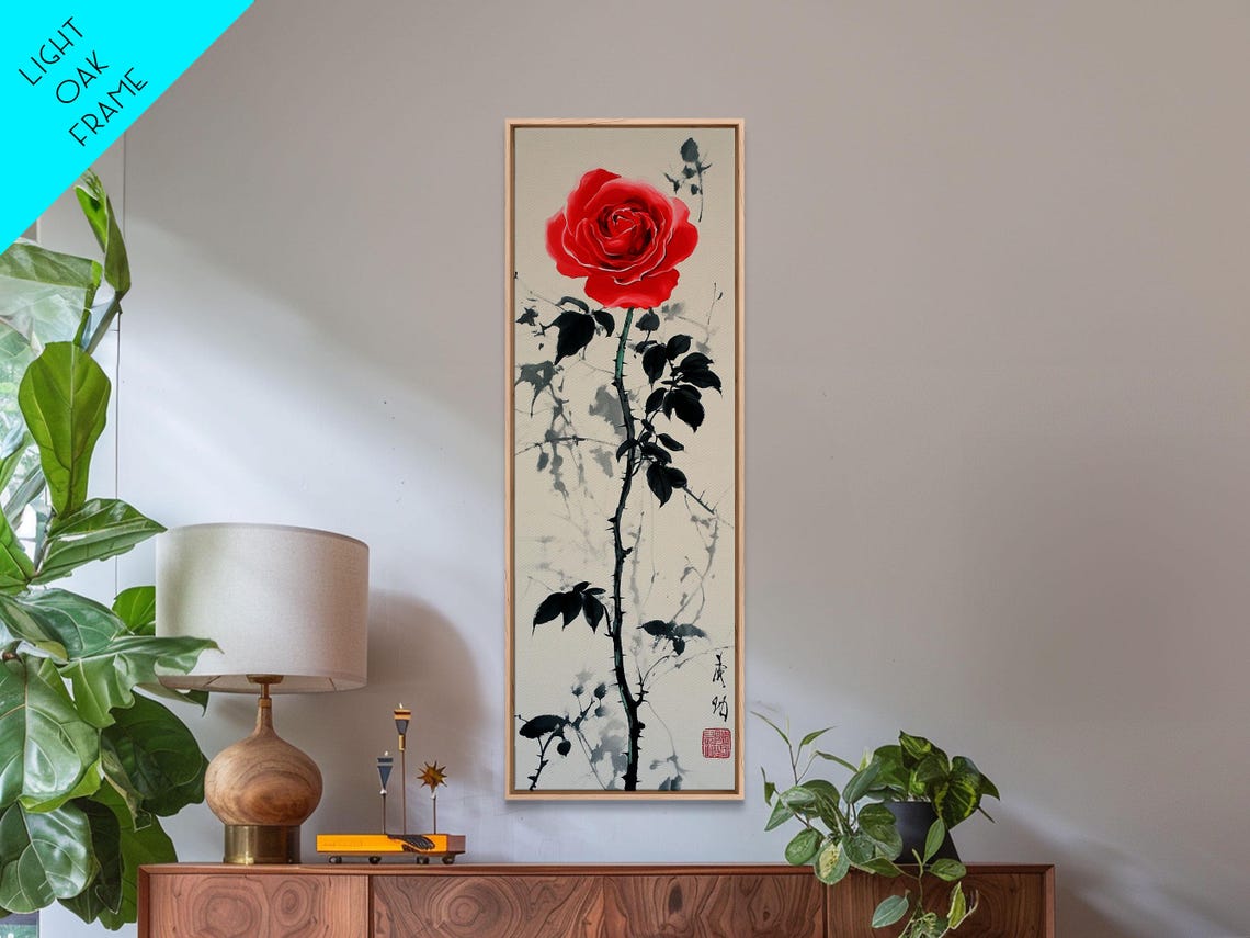 Red Rose Ink Wash Leaves White Background East Asian Botanical Poster - Image 2