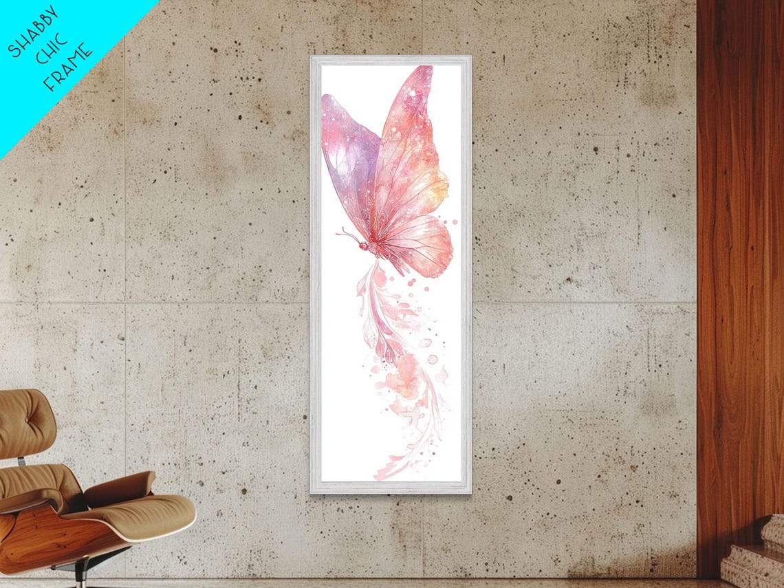 Pink Butterfly Watercolor Feathery Trail Whimsical Flight Wall Art - Image 2