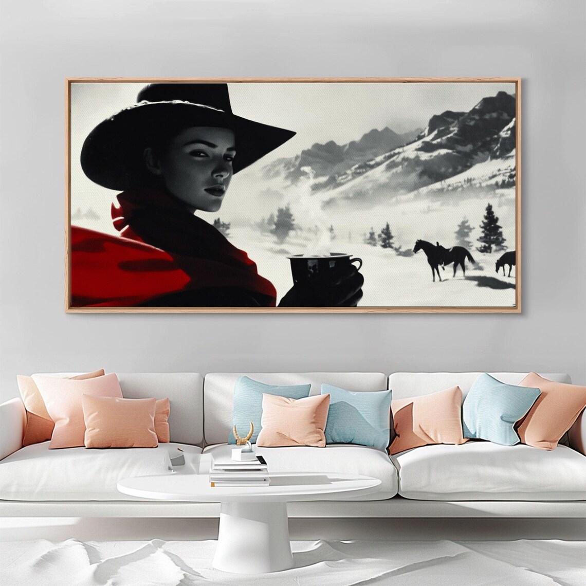 Moody Cowgirl Portrait In Snow With Red Poncho Black And White Poster - Image 4
