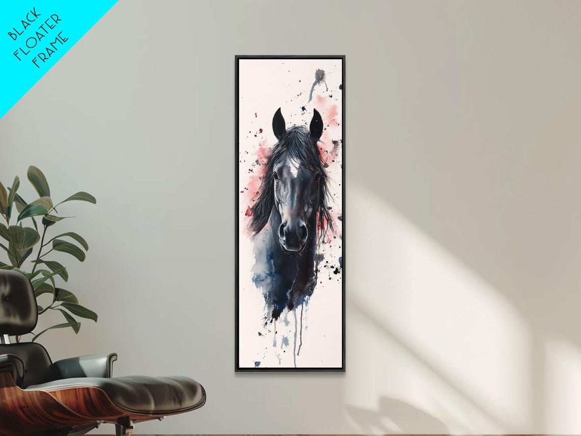 Black Horse Head Watercolor Pink Splash Romantic Vertical Art Poster - Image 5