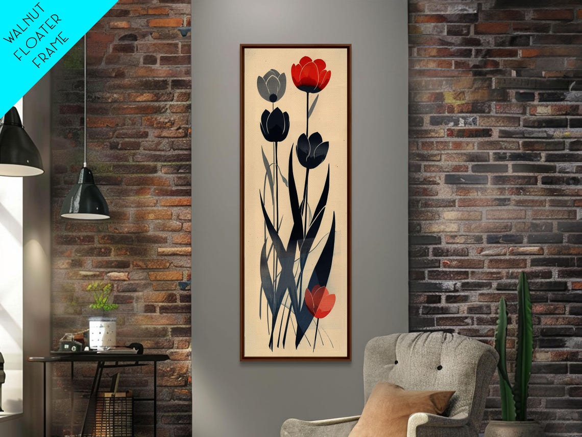Minimalist Red Black And Gray Tulips On Beige Graphic Art Poster
