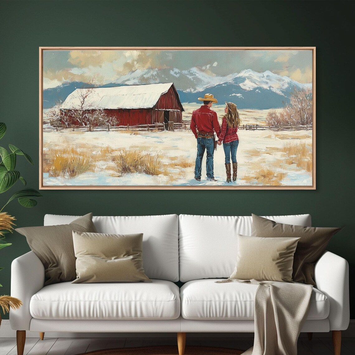 Country Couple Walking To Their Red Barn In Winter Snow Field Poster - Image 6