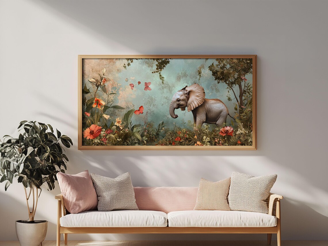 Elephant Jungle Garden Painting Butterflies Botanical Wildlife Art Poster - Image 2