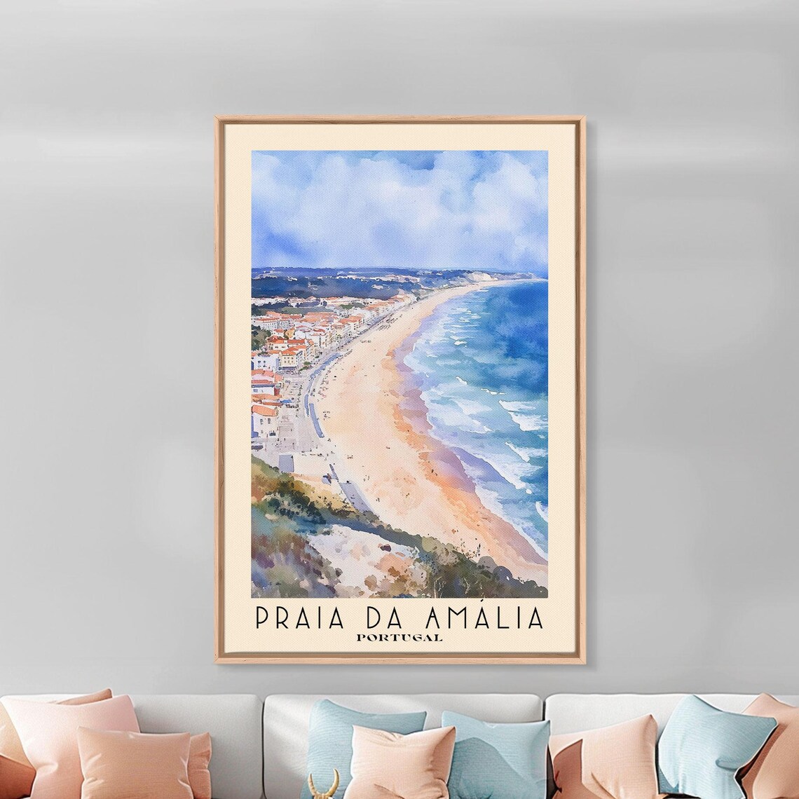Praia da Amalia Portugal Beach Town Red Roofs Coast Watercolor Poster - Image 3