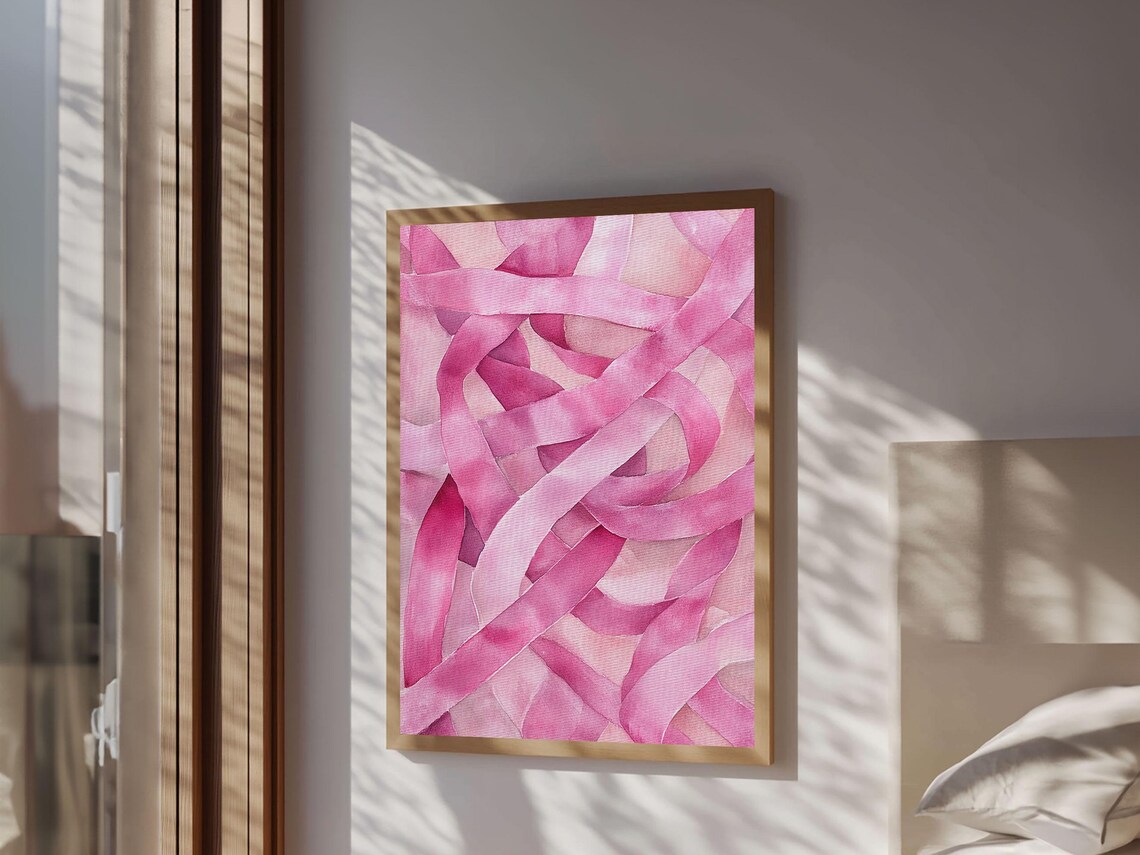 Abstract Pink Ribbons Watercolor Modern Minimalist Wall Art Poster - Image 3