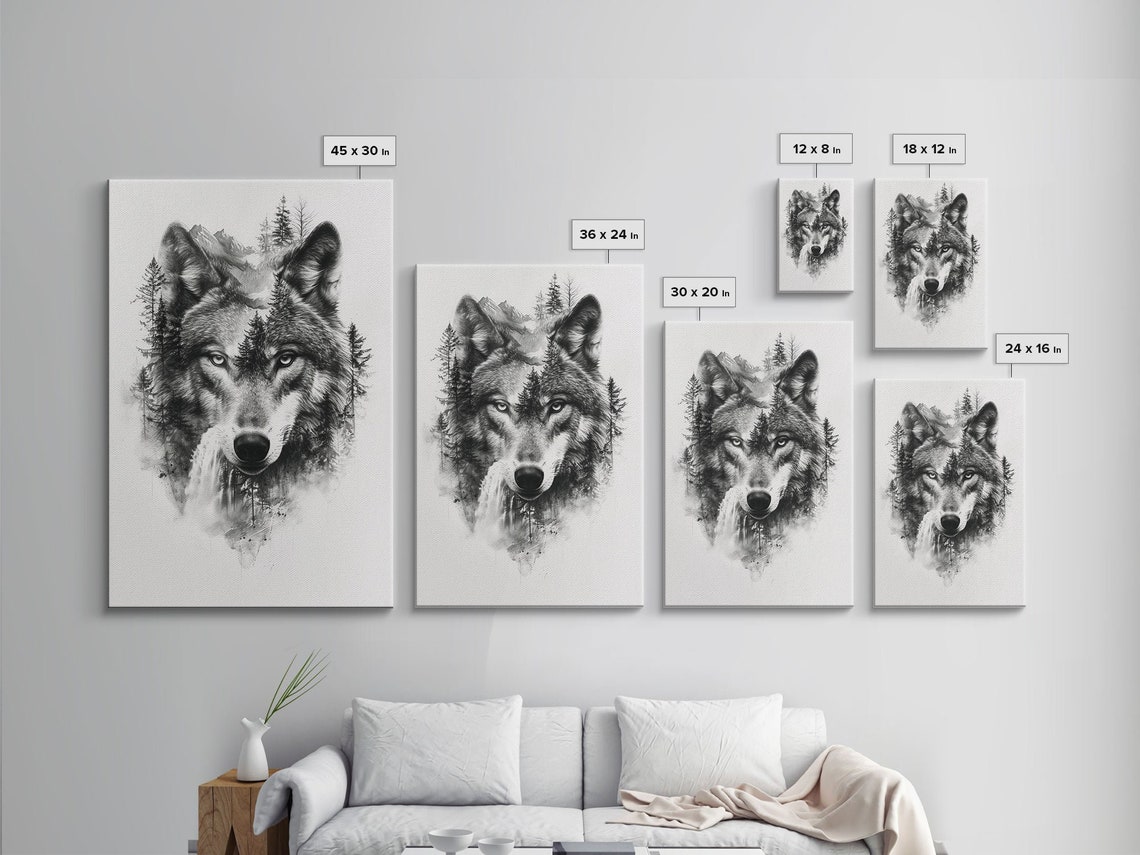Gray Wolf Forest Mountain Wilderness Double Exposure Sketch Wall Art - Image 2