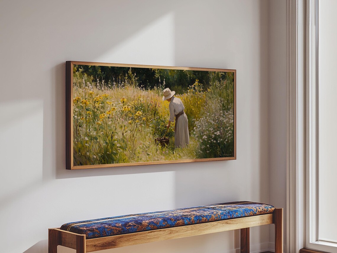 Victorian Woman Picking Wildflowers Sunlit Garden Oil Painting Print - Image 6