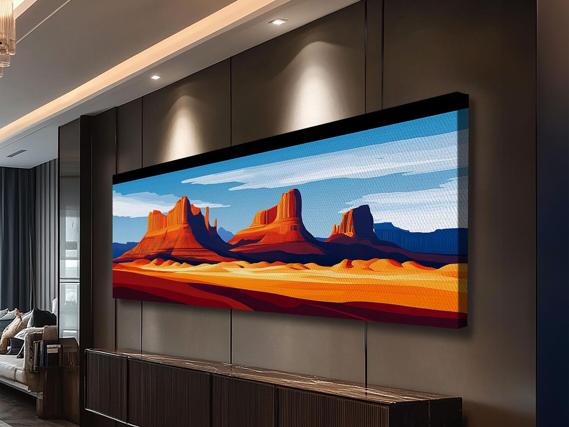 Monument Valley Sunset Framed Print Southwest Wall Art Panoramic Painting Rustic Art Landscape Art Gift Idea Extra Wide Art - Image 2