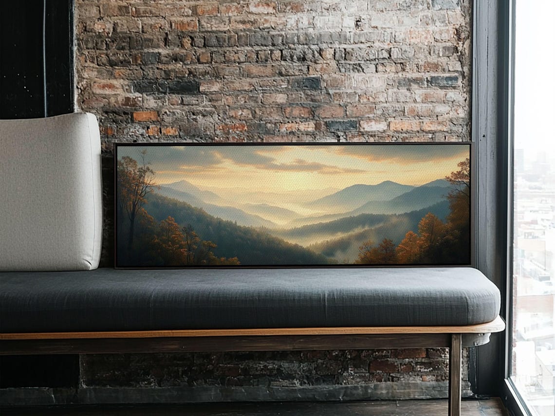 Abstract Golden Mountain Sunrise Misty Layers Panoramic Poster Art - Image 5