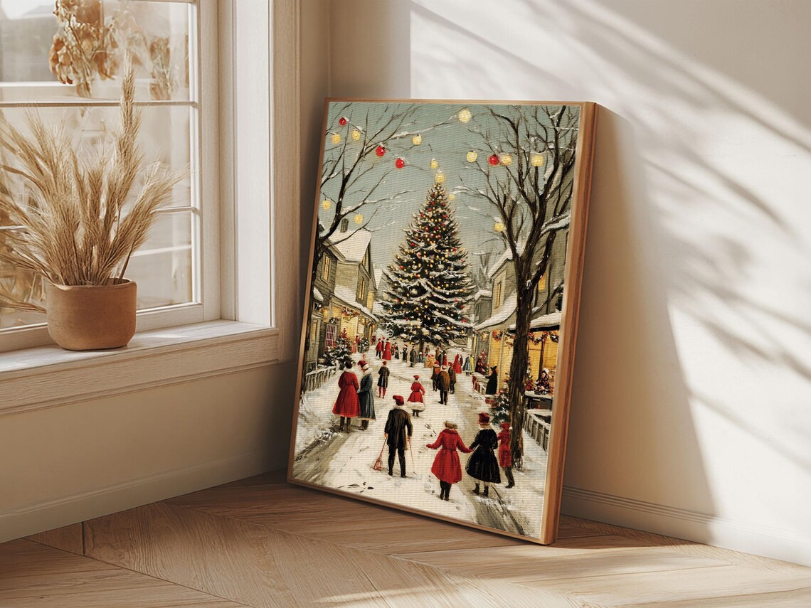 Christmas Tree Town Square Vintage Snowy Village Holiday Art Poster - Image 5