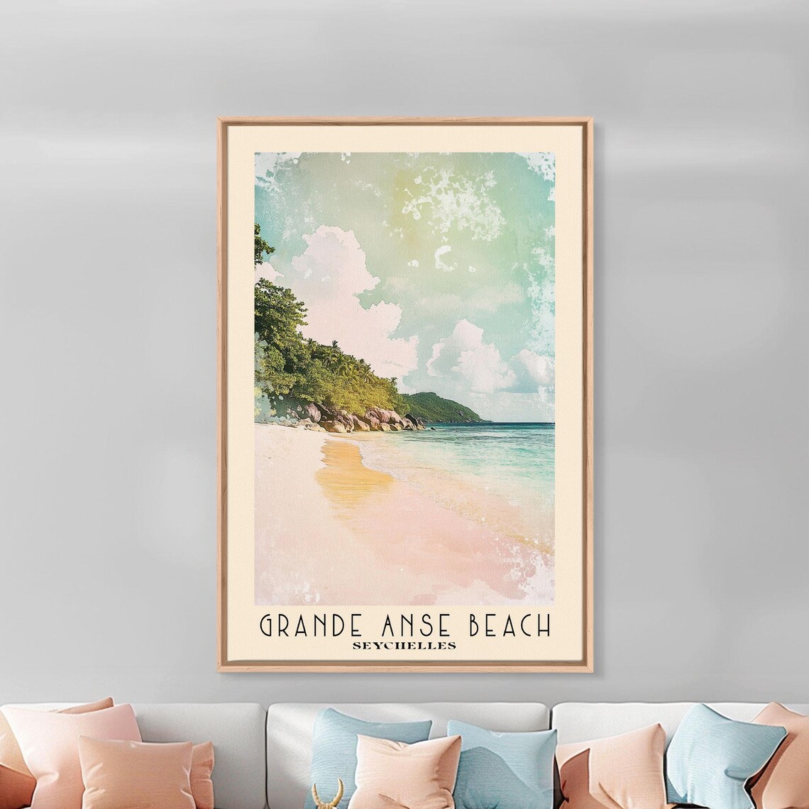 Grande Anse Beach Seychelles Pink Sand Granite Boulders Watercolor Poster - Image 3