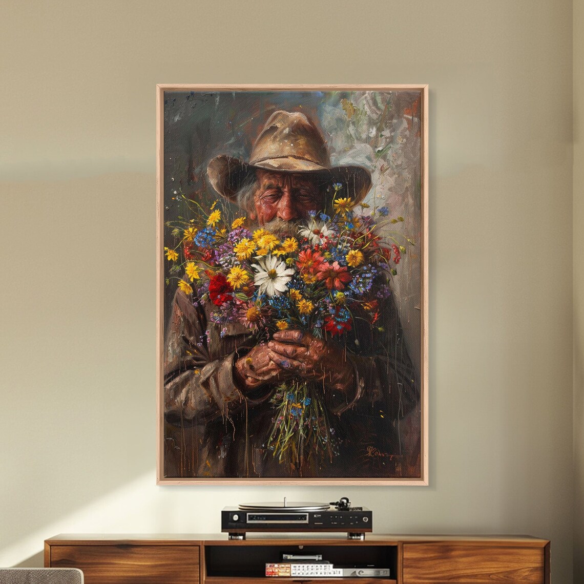Old Cowboy Smelling Wildflower Bouquet Rustic Portrait Western Poster - Image 3