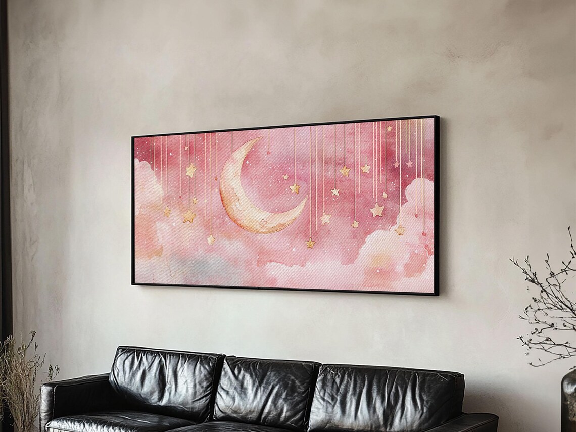 Pink Crescent Moon Gold Stars Watercolor Night Sky Nursery Poster - Image 6