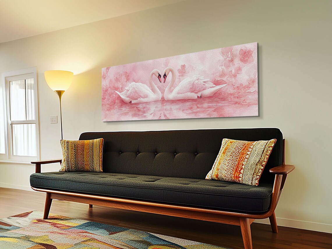 Swan Pair Pink Blossom Lake Watercolor Romantic Animal Wall Art - Image 3