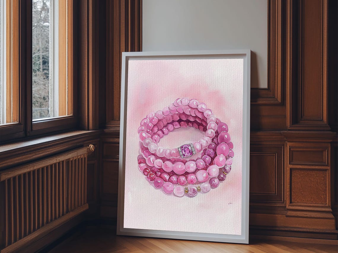 Pink Beaded Bracelet Watercolor Gemstone Jewelry Art Room Poster - Image 5