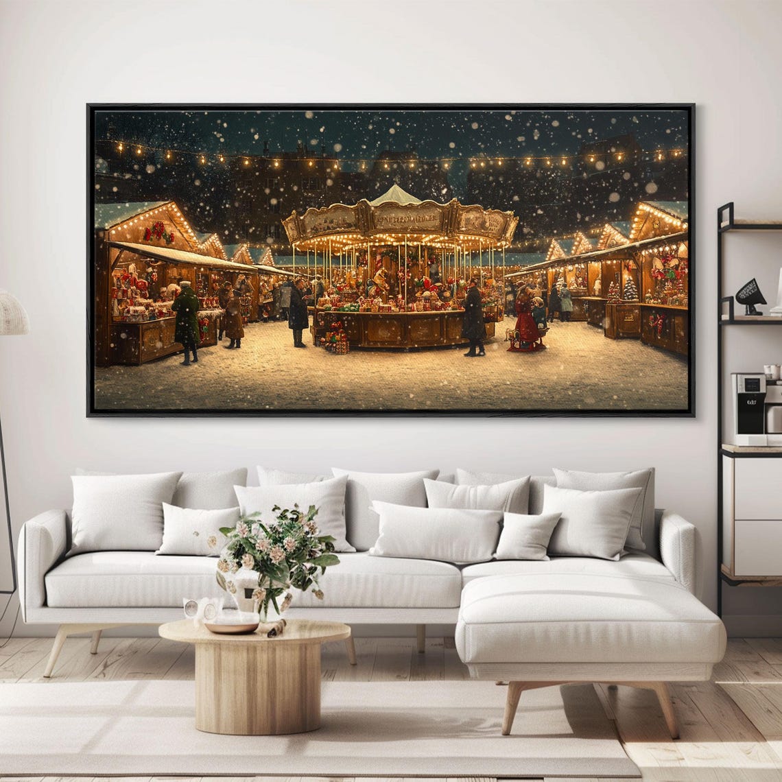 Night Christmas Market Carousel Snow String Lights Festive Poster