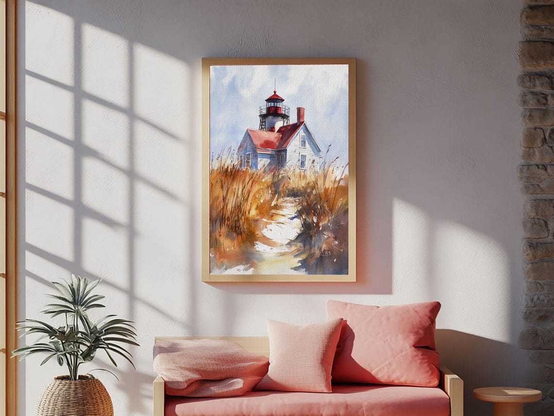 Maine Lighthouse Red Roof Dune Grass Watercolor Nautical Poster - Image 6