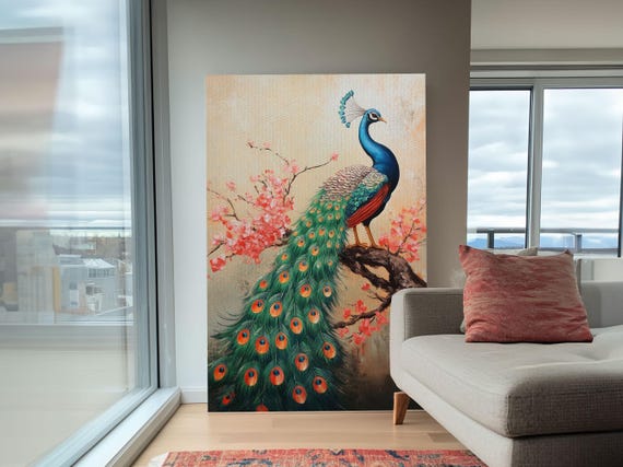 Peacock Print With Cherry Blossom Painting Vibrant Oriental Art Rustic Chinoiserie Wall Decor Bold Statement Piece For Living Room
