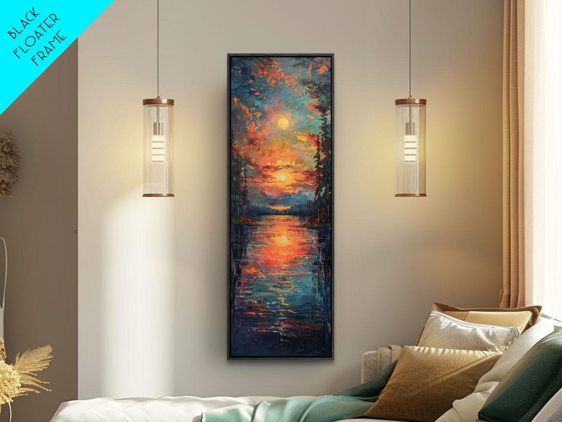 Glowing Sunset Over Dark Lake Water Impasto Moody Evening Sky Poster - Image 3