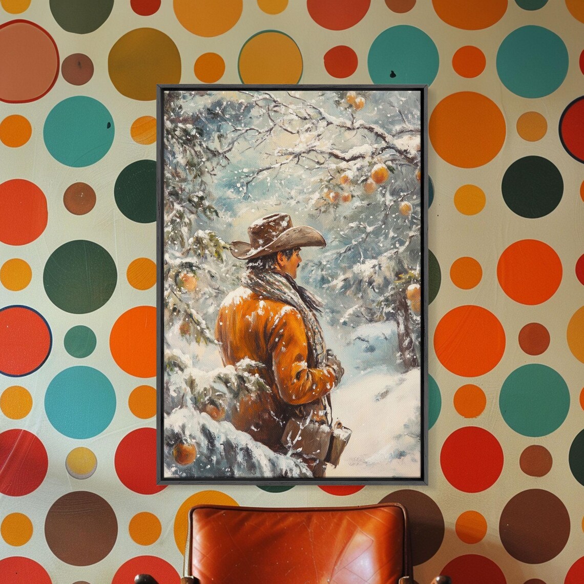 Cowboy In Snowy Orchard Winter Fruit Trees Painterly Western Poster - Image 4