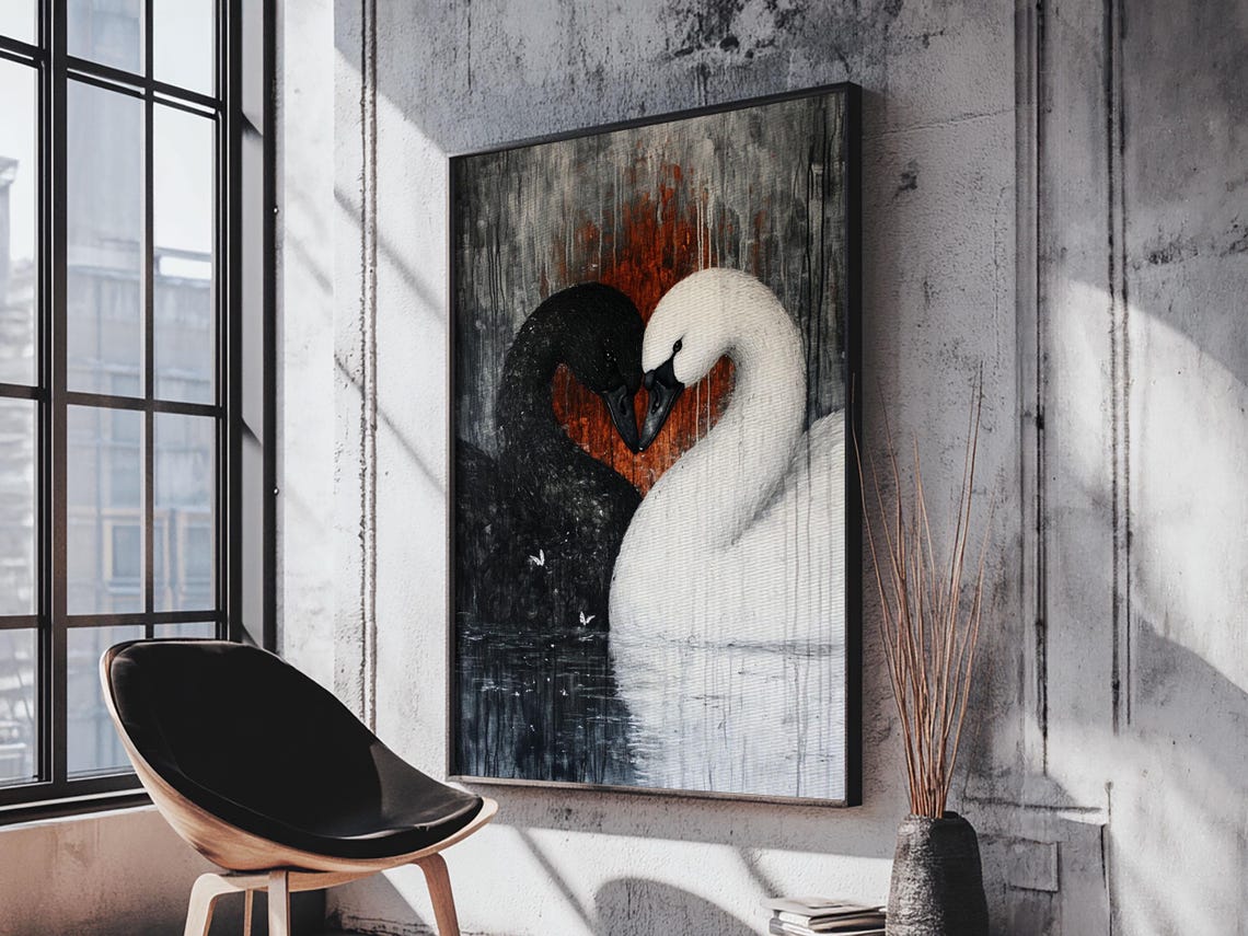 Black And White Swan Pair Heart Shape Love Romantic Couple Art Poster - Image 2