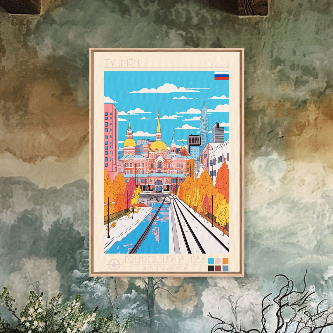 Tyumen Russia Autumn Canal Embankment City Skyline View Travel Poster