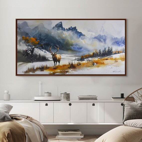 Majestic Elk In Snowy Mountain Scene Beautiful Framed Print For Living Room Art Rustic Bedroom Decor Nature Wall Art Wildlife Scene