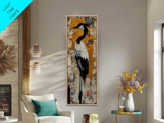 Black White Crane Gold Textured Background East Asian Bird Painting Poster