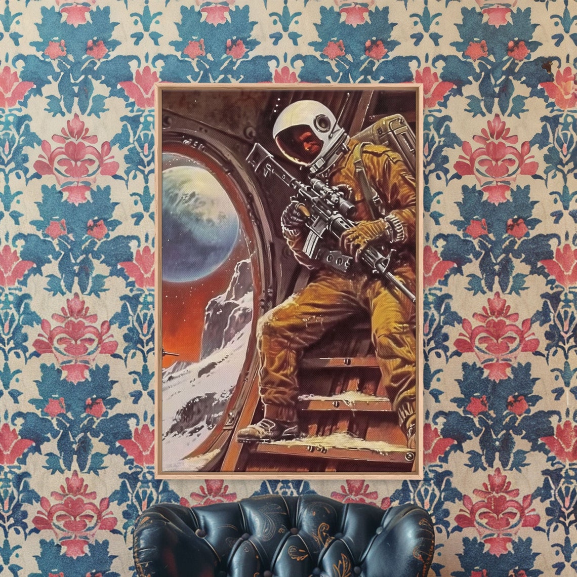 Retro Astronaut Armed Moon Landing Rifle Earth Sci Fi Pulp Poster - Image 3